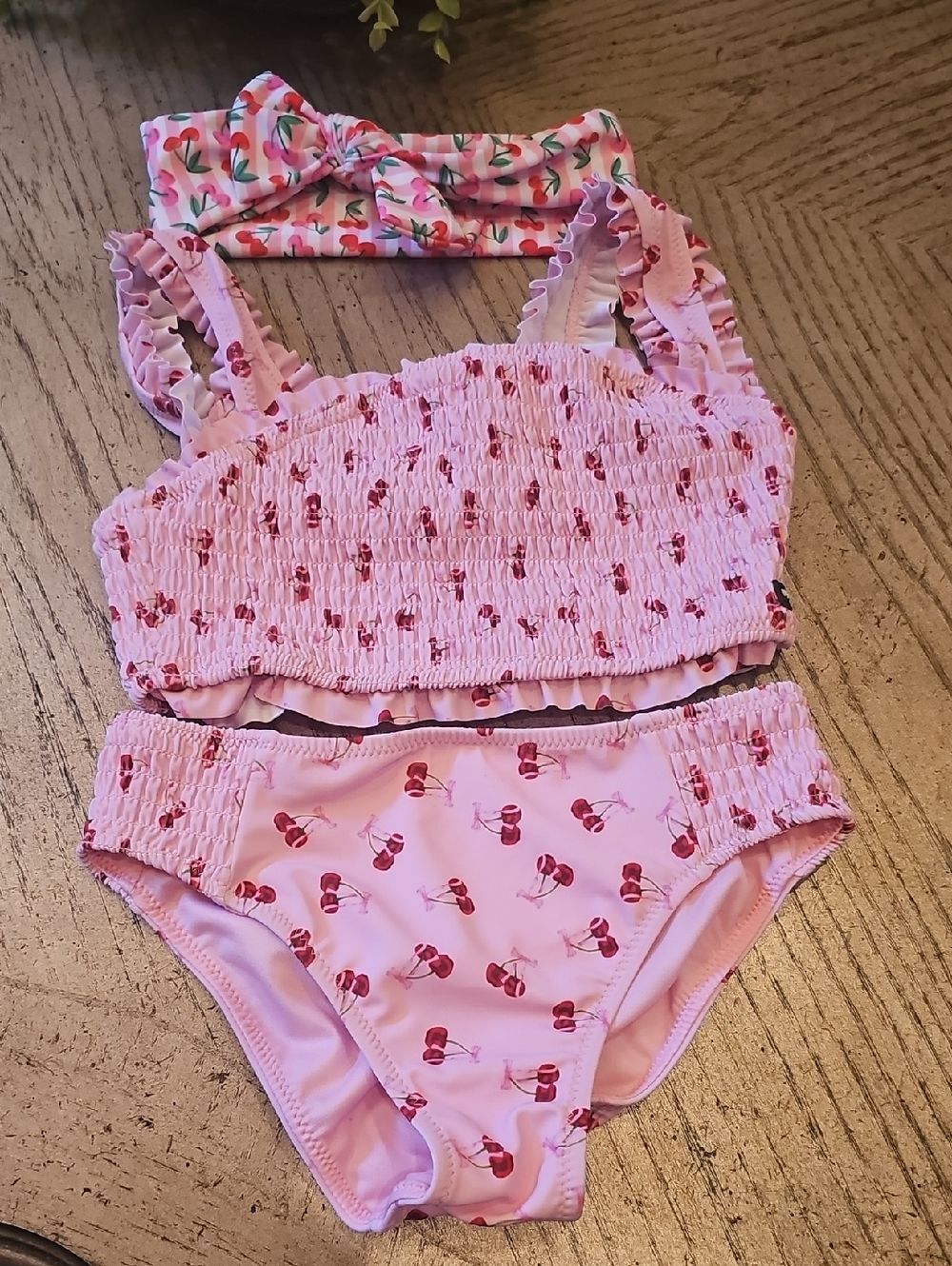 Pink Cherry Print Girls Bikini Set with Headband Size 7 Ava & Yelly